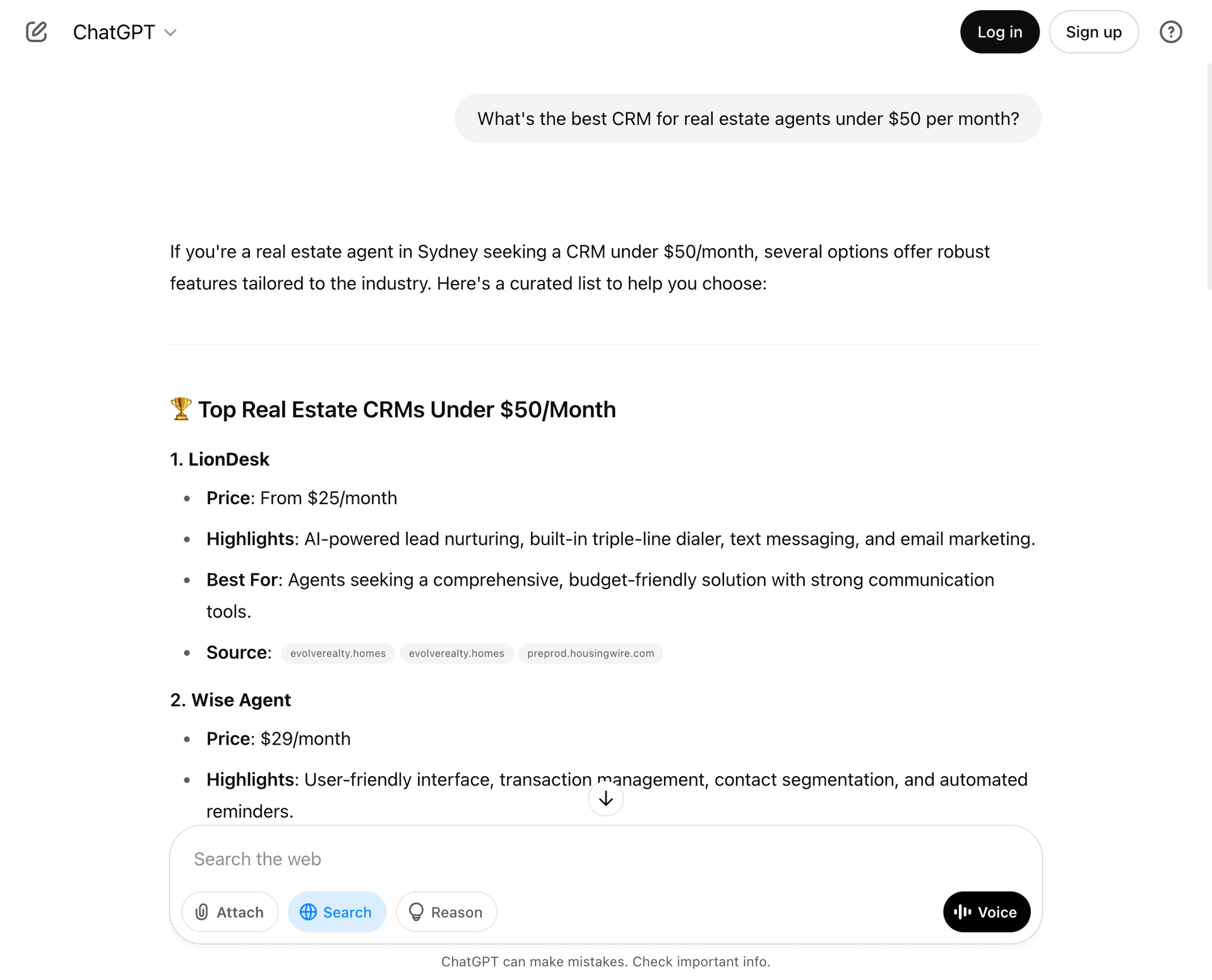 Screenshot of a search in ChatGPT for the best CRM